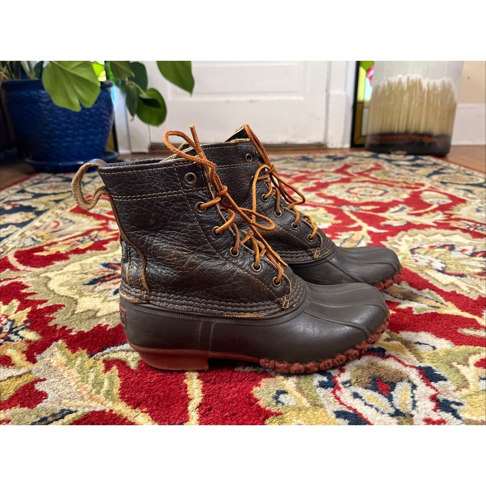 L.L.Bean Women's Bison Leather Bean Boots Rubber Lace-Up Black/Brown 7M USA